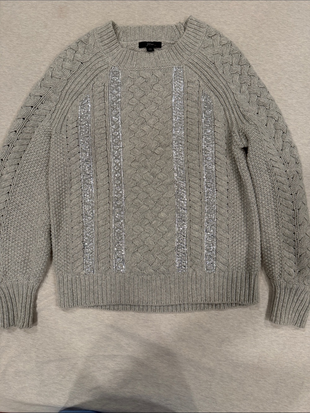 J. Crew Gray Cable Knit Crewneck Sweater with Metallic Stripes